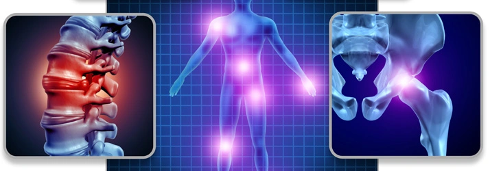 Illustrations of the human spine and body highlighting pain points in red, indicating areas of discomfort or inflammation.